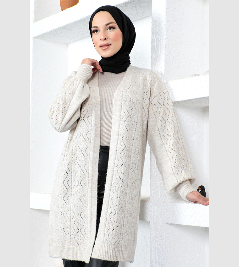 Buy Tesettür Dünyası Openwork Longline Cardigan In White