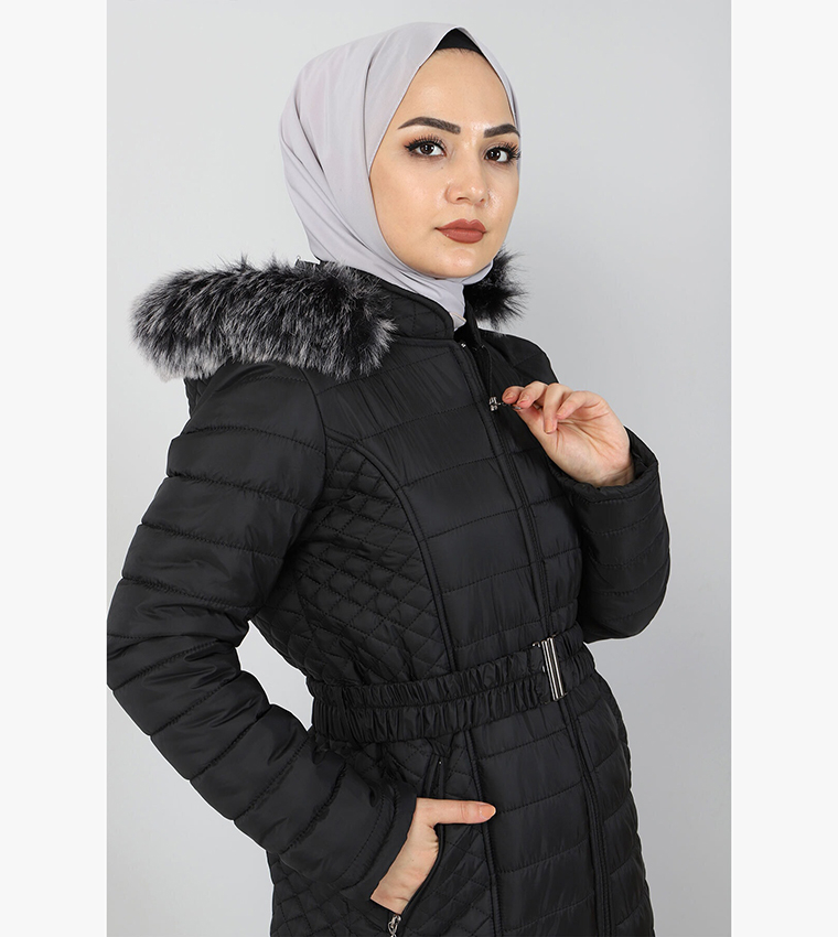 Buy Tesettür Dünyası Furry Hooded Long Quilted Overcoat In Black 