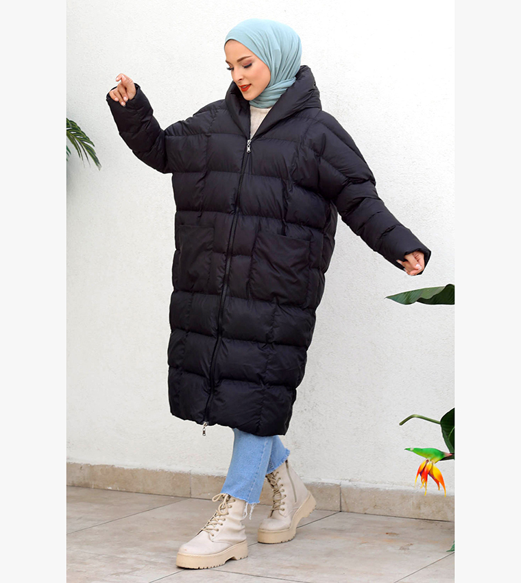 Quilted longline cheap hooded puffer coat