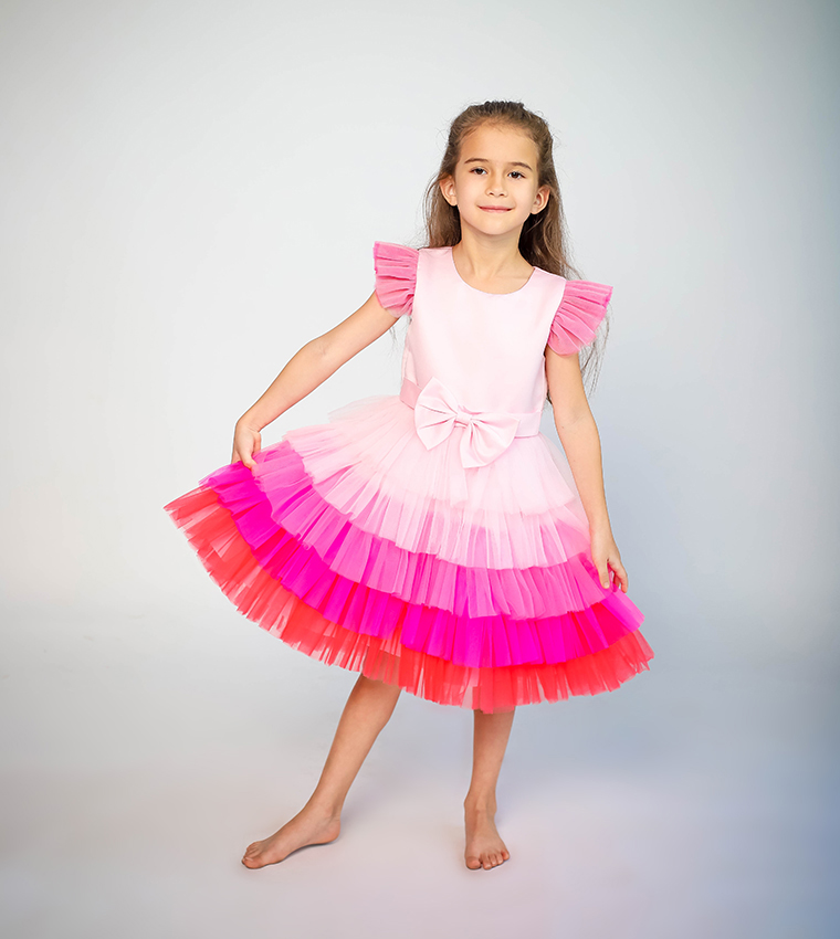 Bow Front Ombre Layered Gown Dress