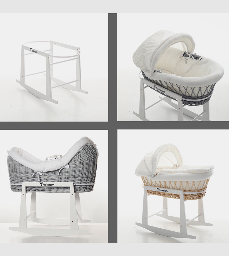 Infant Wicker Moses Basket with Waffle Beddings and Rocker Stand