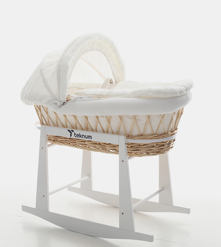 Infant Wicker Moses Basket with Waffle Beddings and Rocker Stand