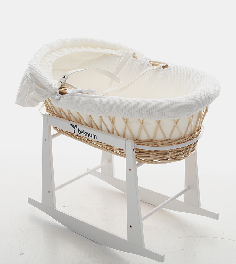 Infant Wicker Moses Basket with Waffle Beddings and Rocker Stand
