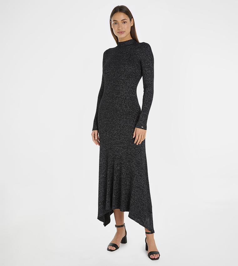 Shimmer Mock Neck Asymmetric Dress
