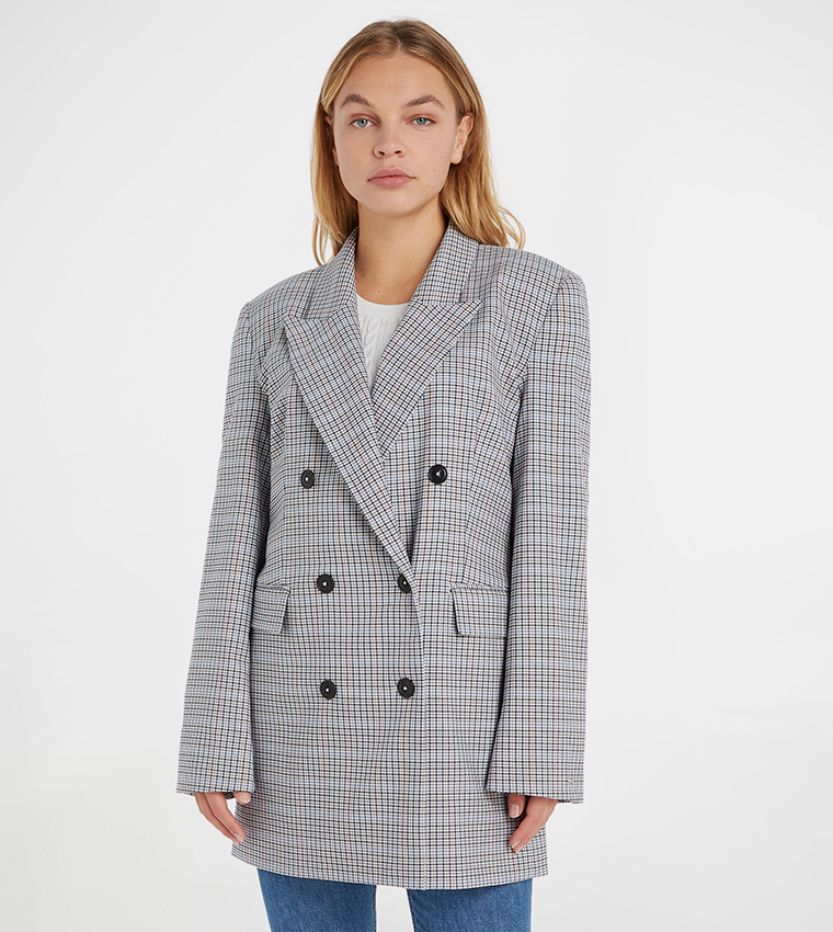 Buy Tommy Hilfiger Plaid Double Breasted Blazer In Grey