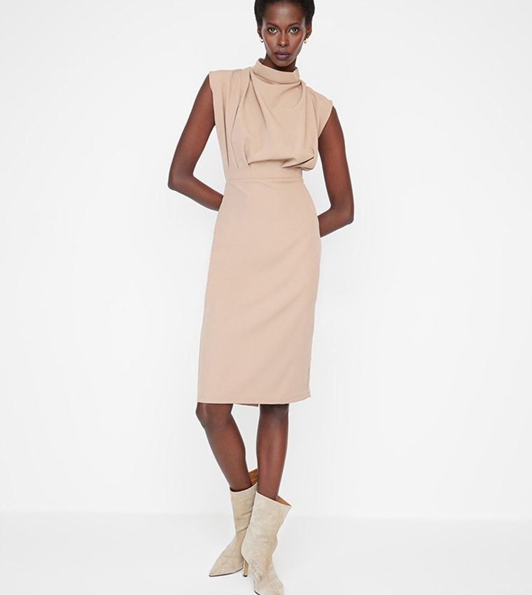 Buy Trendyol Solid Mock Neck Slit Dress In Camel | 6thStreet Kuwait