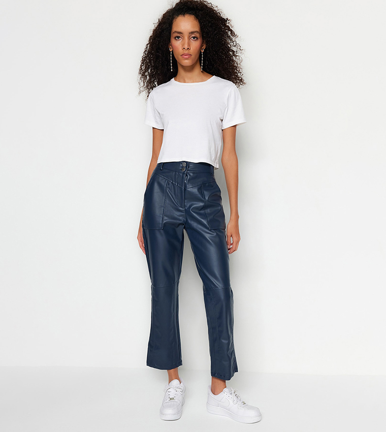 Navy faux leather clearance trousers