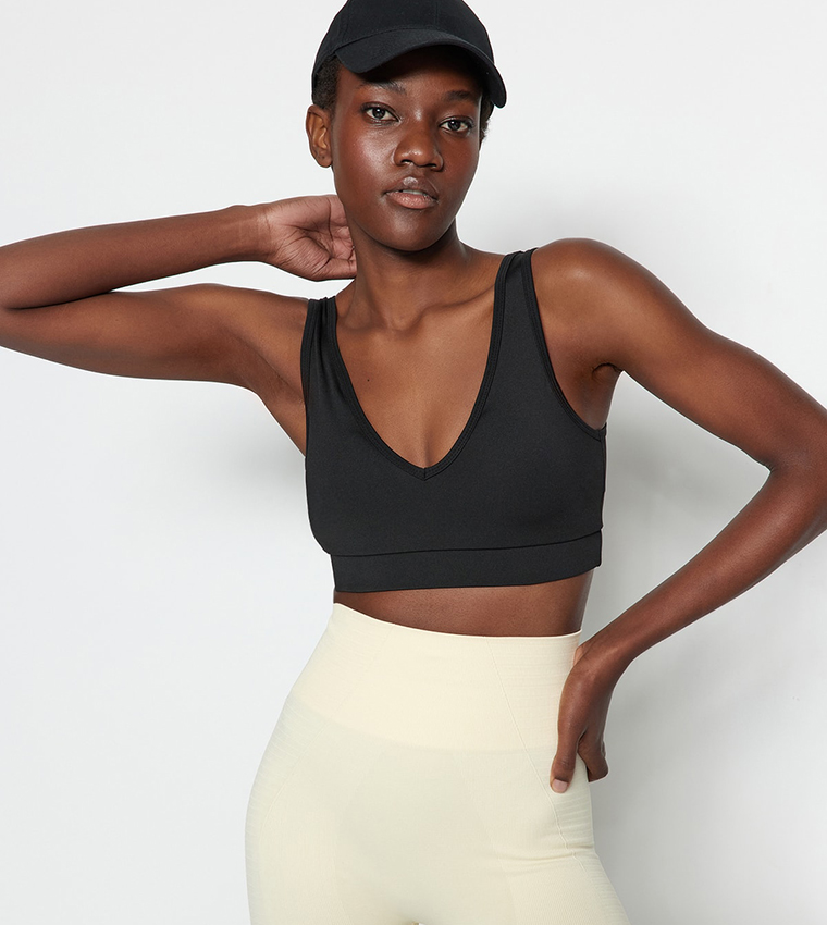 Buy Trendyol Solid V Neck Sports Bra In Khaki