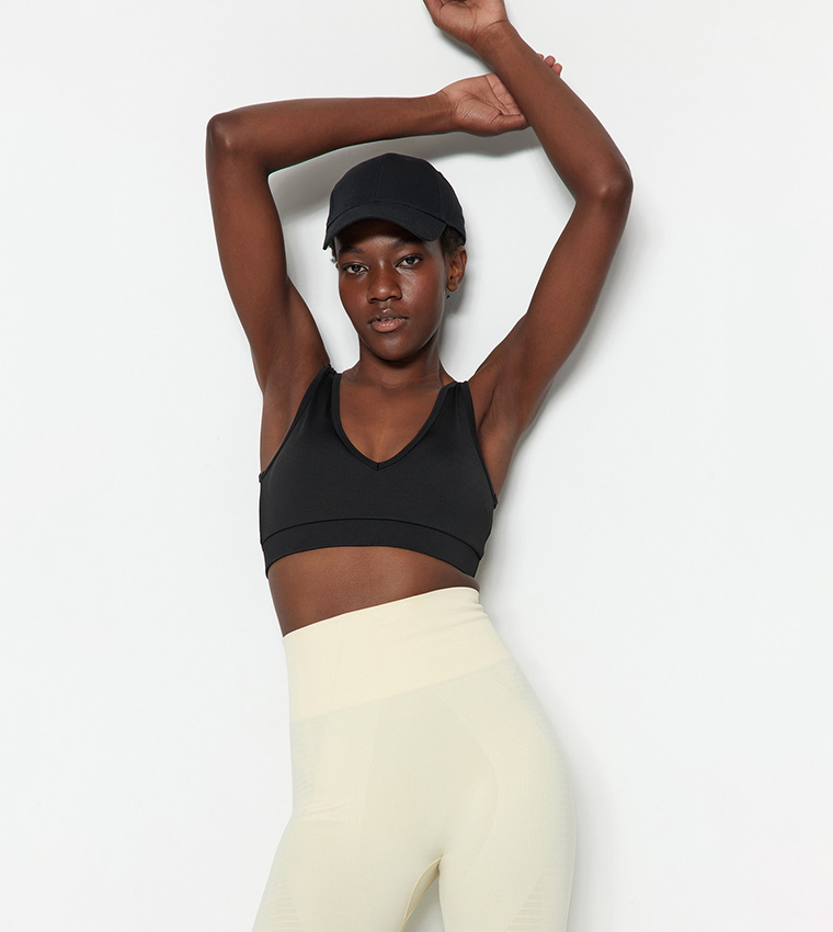 Buy Trendyol Solid V Neck Sports Bra In Khaki