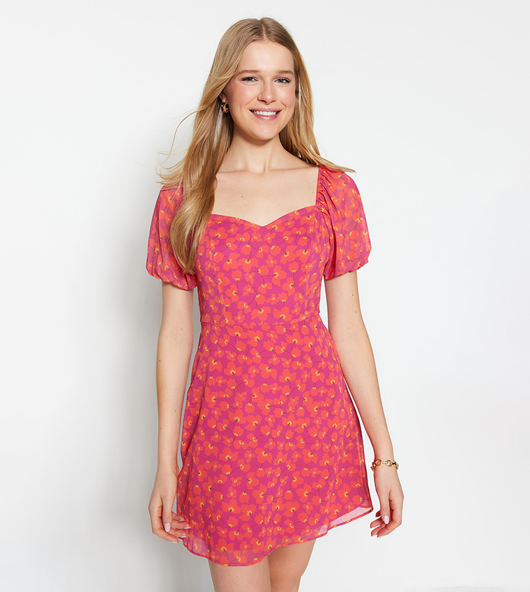 Buy Trendyol Floral Print Puff Sleeves Mini Dress In Fuchsia