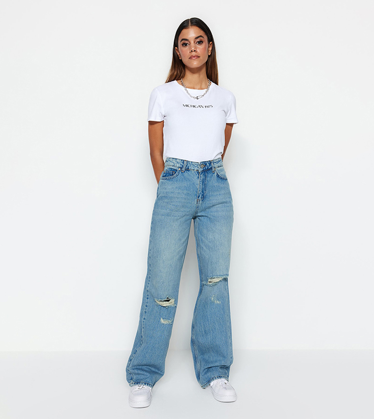 Distressed Wide Leg Men's Jeans with Pockets