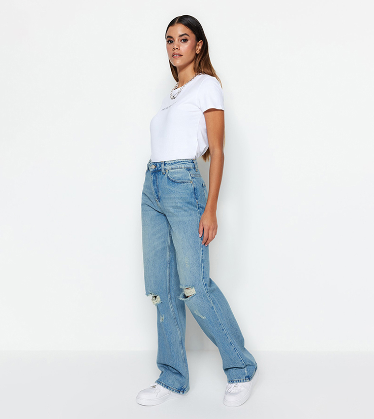 Banned Alternative Harley Rainbow Thread Distressed Wide-Leg Jeans