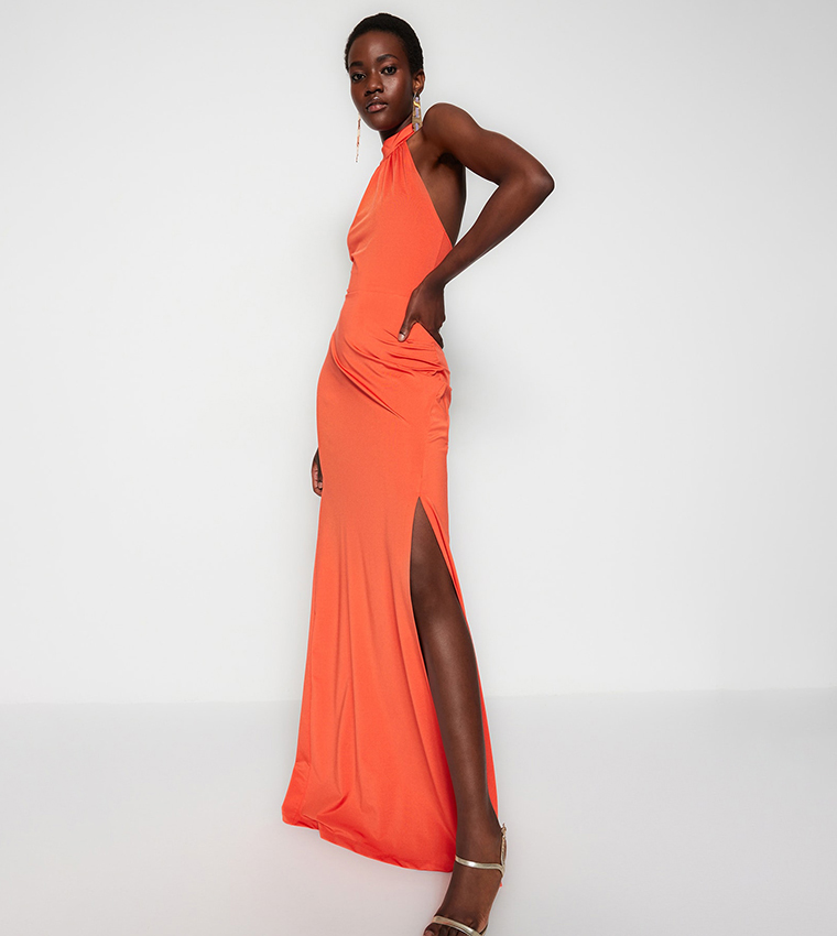 Buy Trendyol Slit Detail Halter Neck Dress In Orange