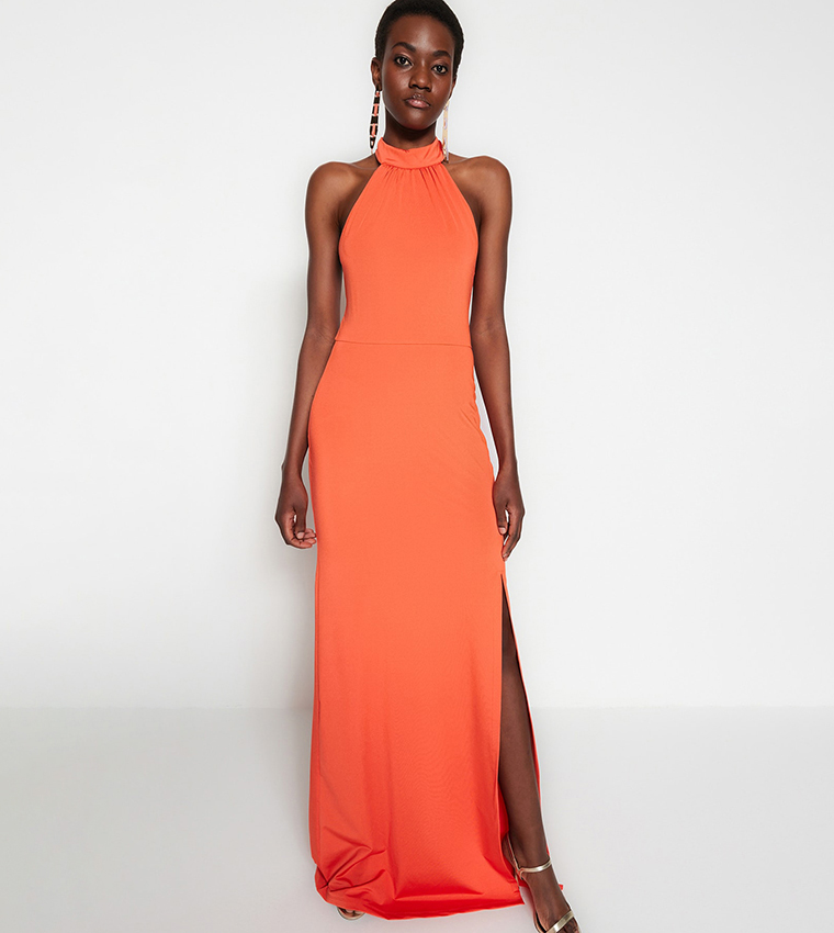 Orange halter 2025 maxi dress