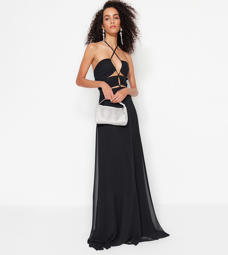 waist cut out detail chiffon maxi dress Women's Deep Fuchsia Chiffon Strappy Cut Out Maxi Dress
