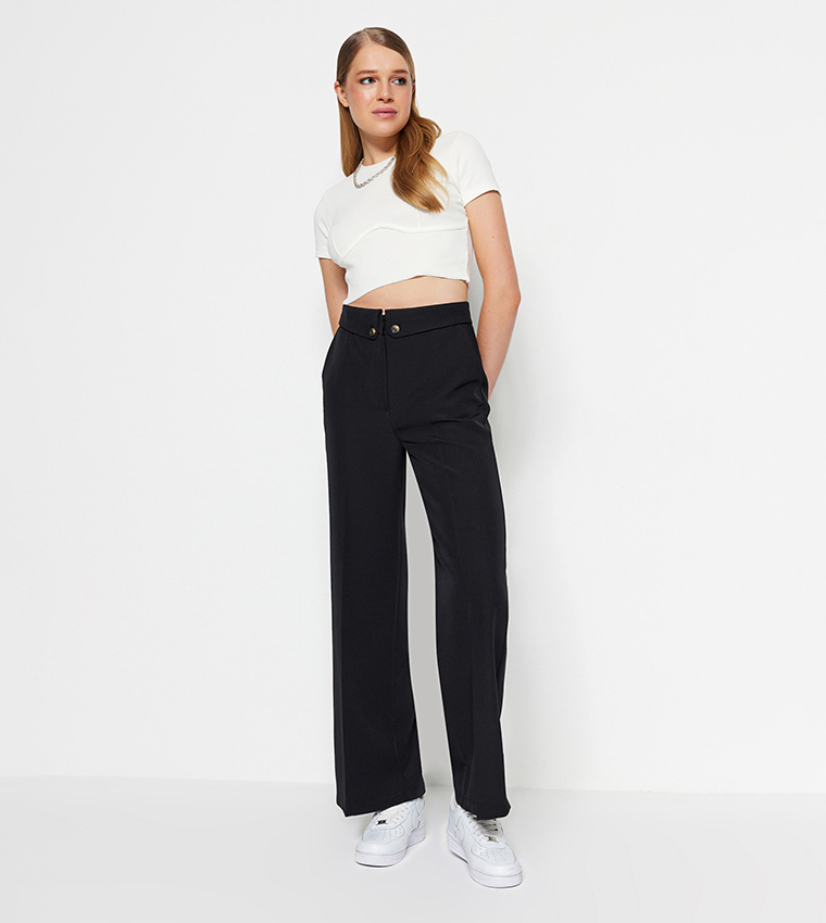 Buy Trendyol High Waist Spanish Leg Woven Trousers In Black