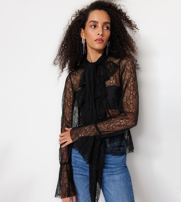 Buy Trendyol Long Sleeves Ruffle Lace Top In Black 6thStreet UAE