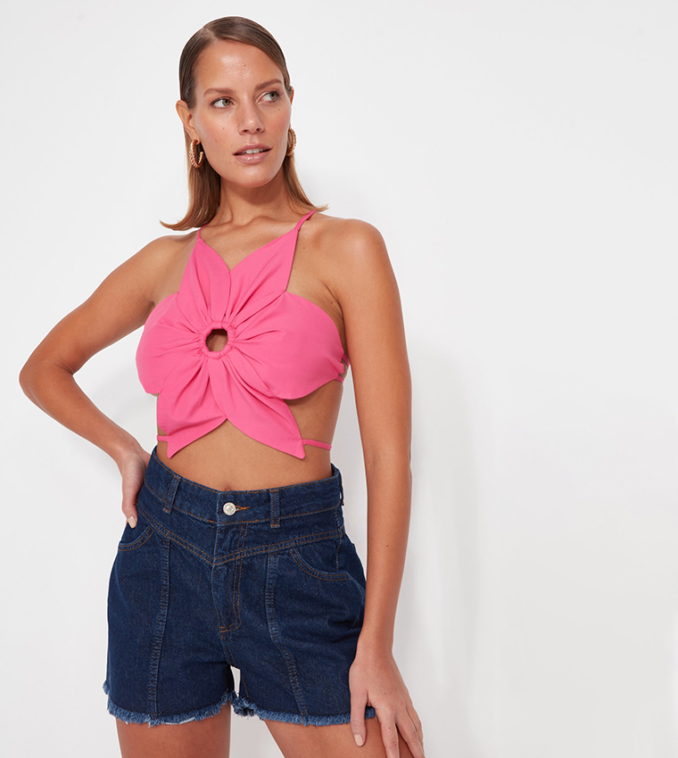 Buy Trendyol Button Closure Denim Shorts In Blue