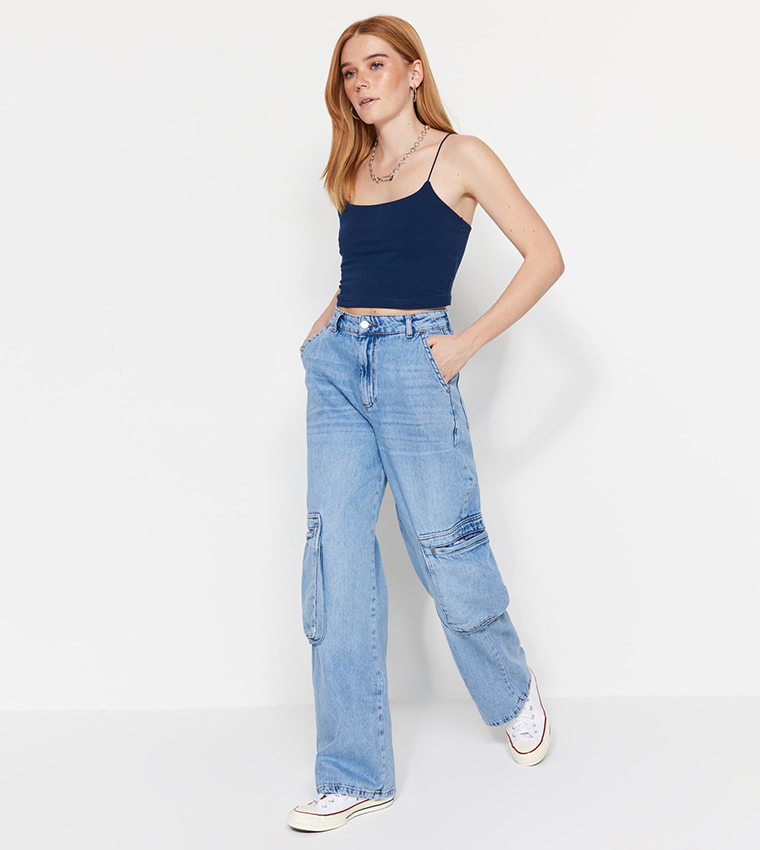Buy Trendyol Cargo Pocket High Waist Wide Leg Jeans In Blue | 6thStreet ...