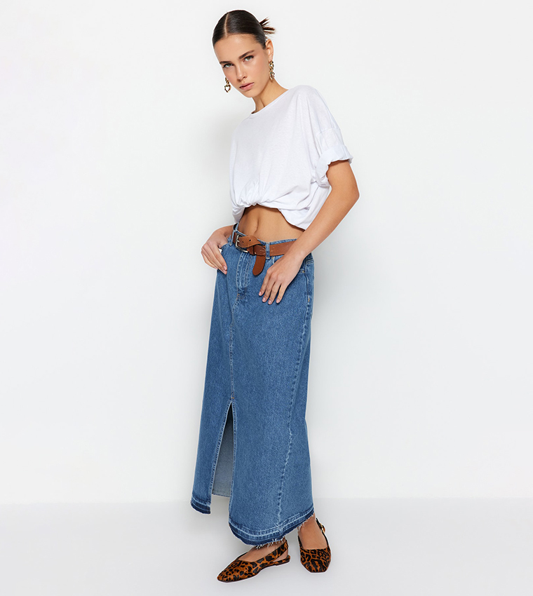SHEIN BAE Slant Pocket Straight Denim Skirt | SHEIN USA