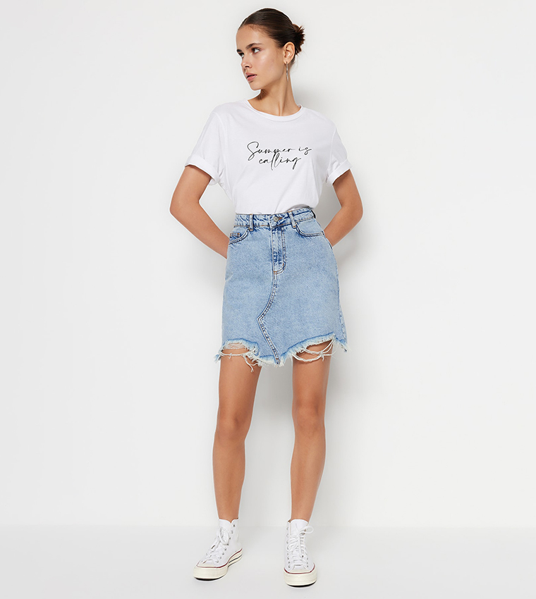 T shirt cheap with denim skirt