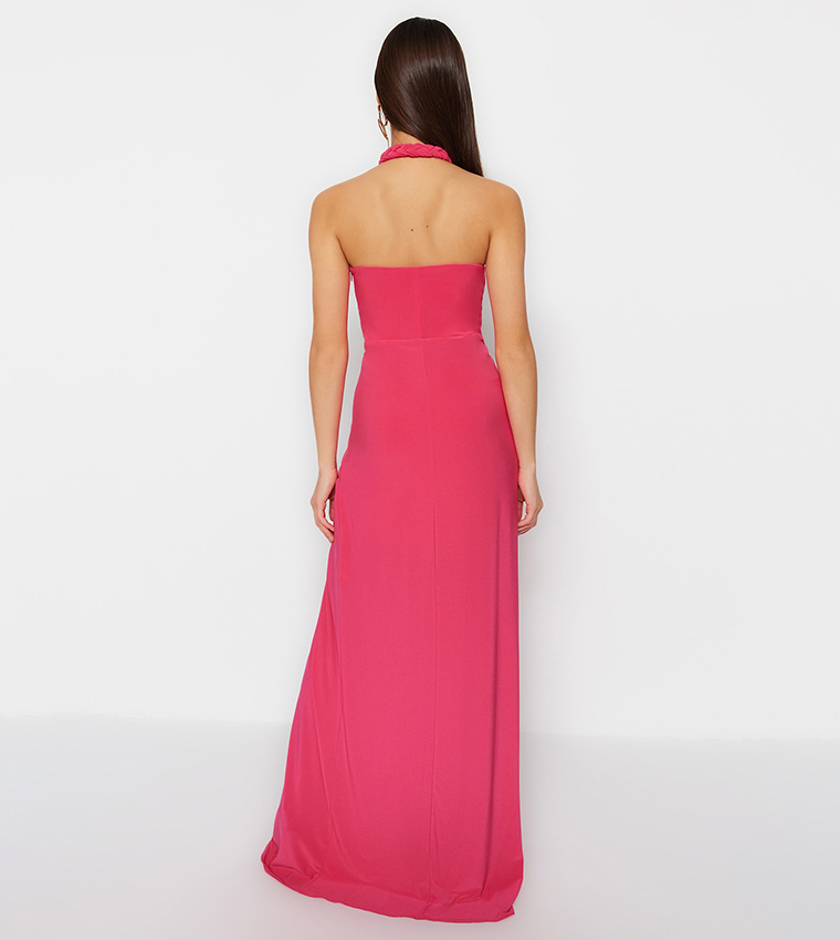 Buy Trendyol Slit Detail Halter Neck Dress In Fuchsia