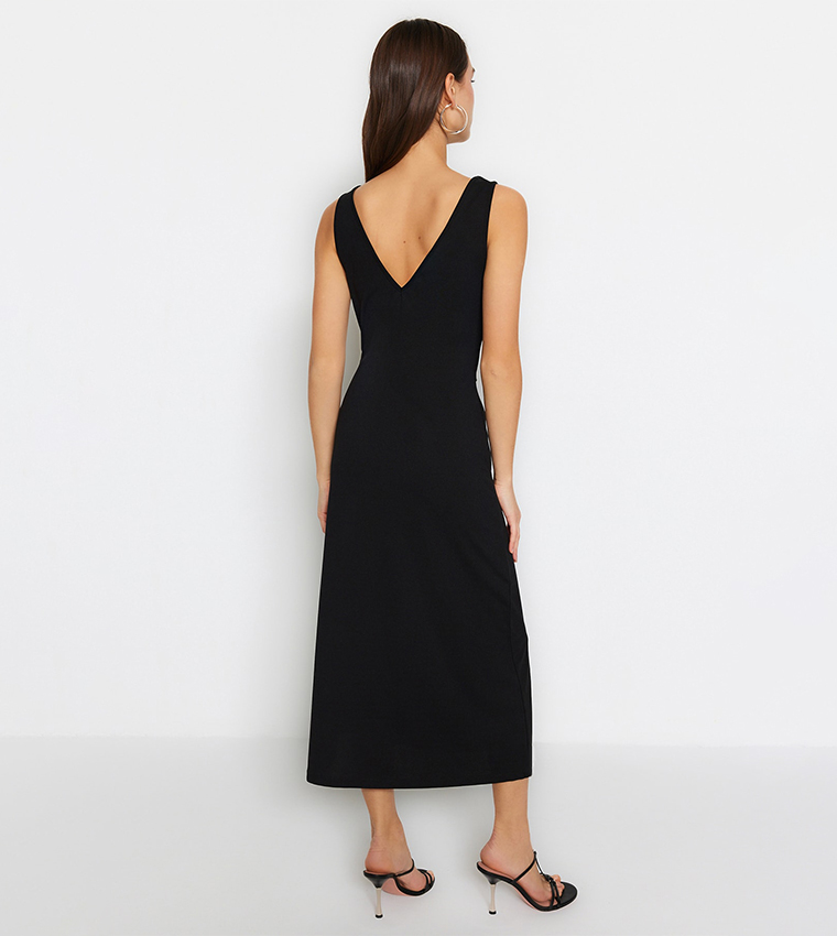 Plunging V-Neckline Split Midi Dress