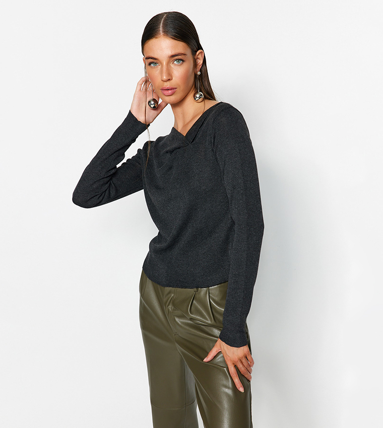 Buy Trendyol Asymmetric Neck Long Sleeves Sweater In Grey - Main Image