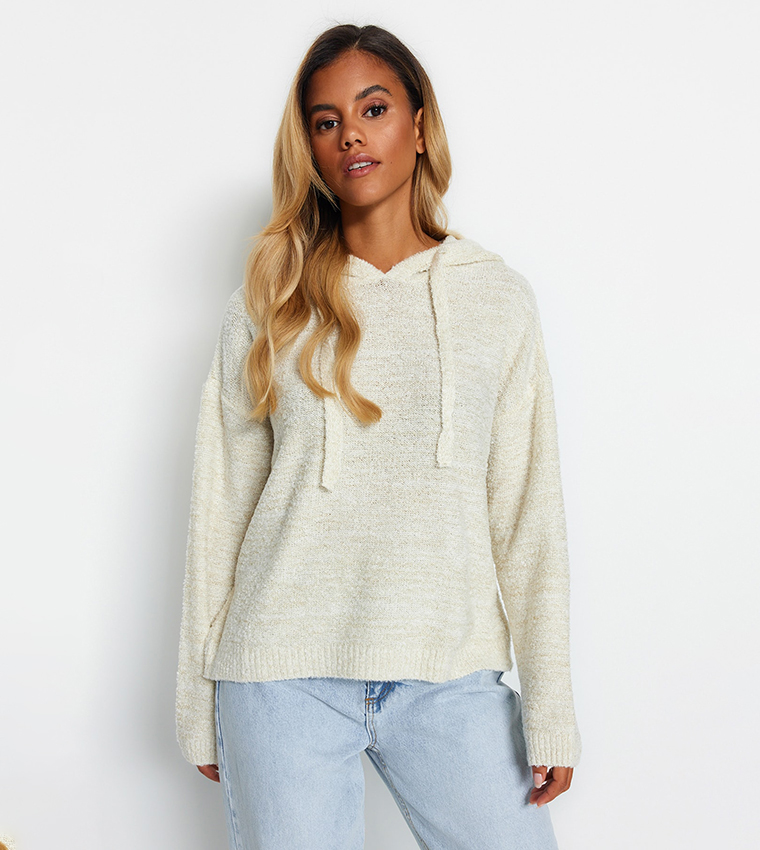 Buy Trendyol Boucle Knit Hooded Sweater In Beige