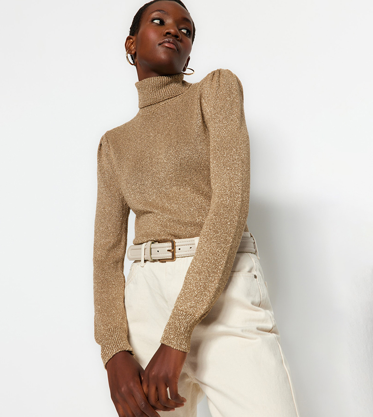 Buy Trendyol Glitter Yarn Turtleneck Sweater In Beige 6thStreet UAE