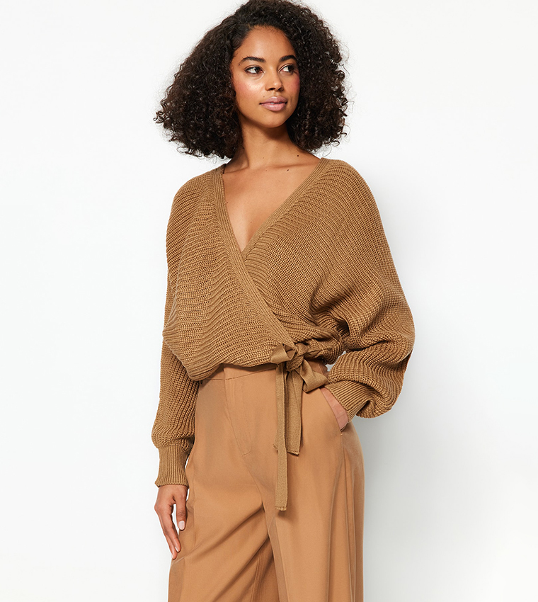 Buy Trendyol Knitted Batwing Sleeves Wrap Sweater In Camel 6thStreet Saudi Arabia