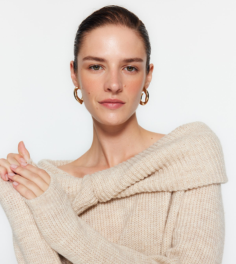 Beige off shoulder online sweater