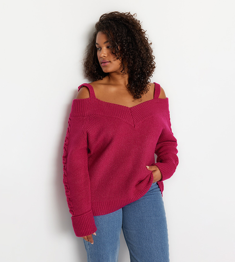 Buy Trendyol Ribbed Cold Shoulder Sweater In Pink 6thStreet Bahrain