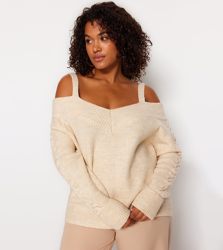 Buy Trendyol Ribbed Cold Shoulder Sweater In Beige 6thStreet Oman