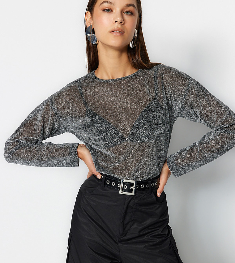 Shimmer Long Sleeves Sheer Top