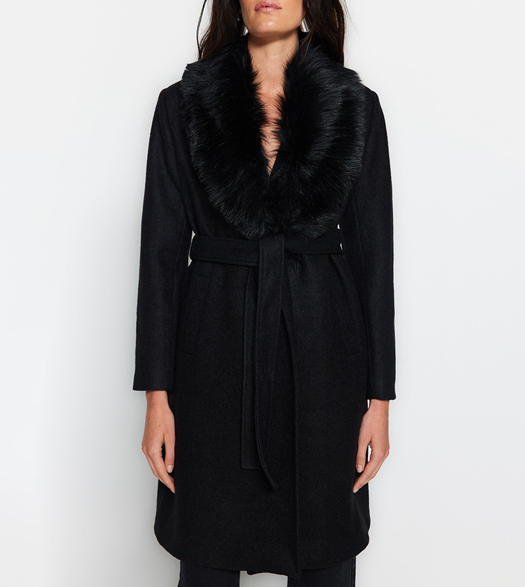 Buy Trendyol Belted Fur Collar Detailed Long Cachet Coat In Black 6thStreet Bahrain