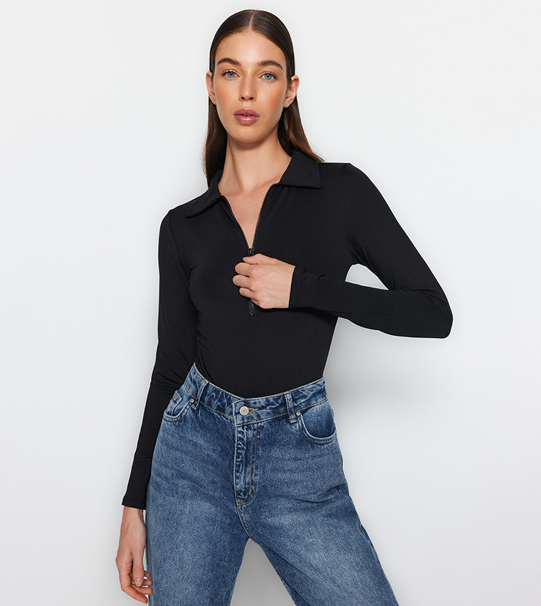 Buy Trendyol Half Zippered Long Sleeves Bodysuit Top In Black