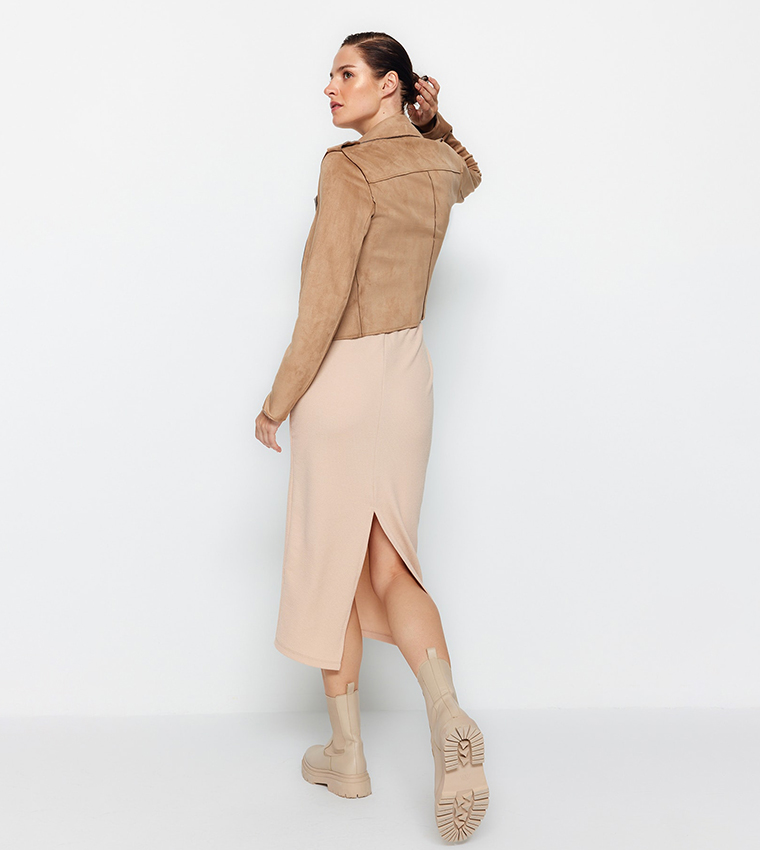 Solid Elastic Waist Slit Midi Skirt