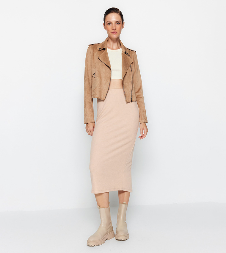 Solid Elastic Waist Slit Midi Skirt
