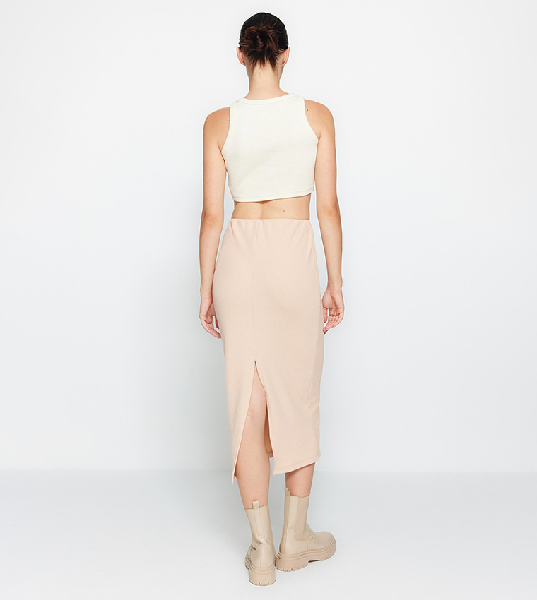 Solid Elastic Waist Slit Midi Skirt