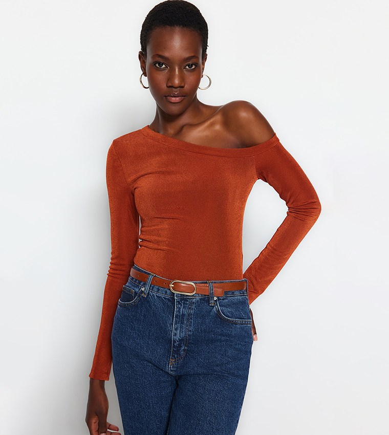 Buy Trendyol One Shoulder Knitted Top In Brown 6thStreet UAE