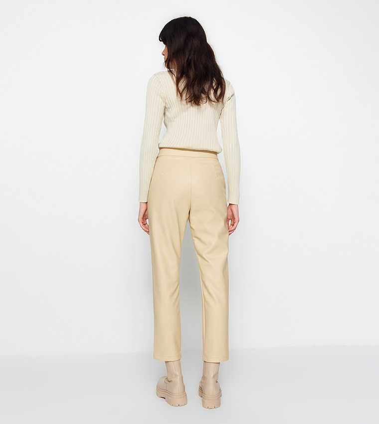 Trendyol Collection Beige Cigarette Woven Faux Leather Trousers