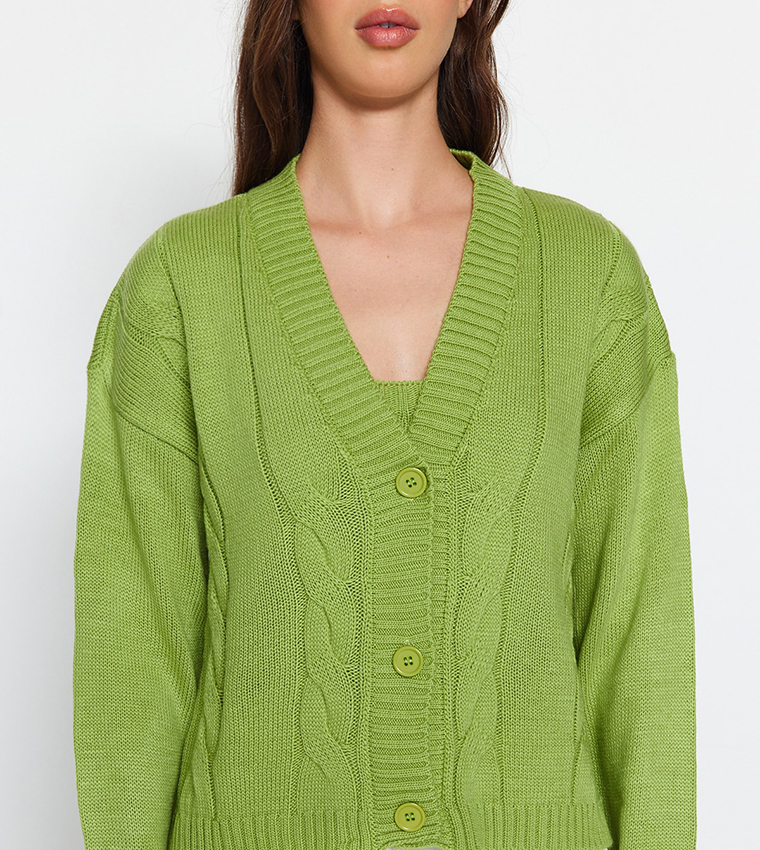 Buy Trendyol Knitted Crop Top And Cardigan Set In Green