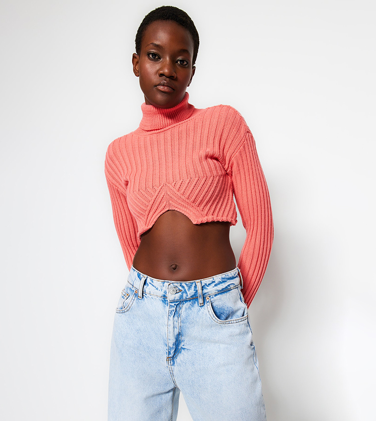 Buy Trendyol Ribbed Turtleneck Crop Sweater In Pink 6thStreet Oman