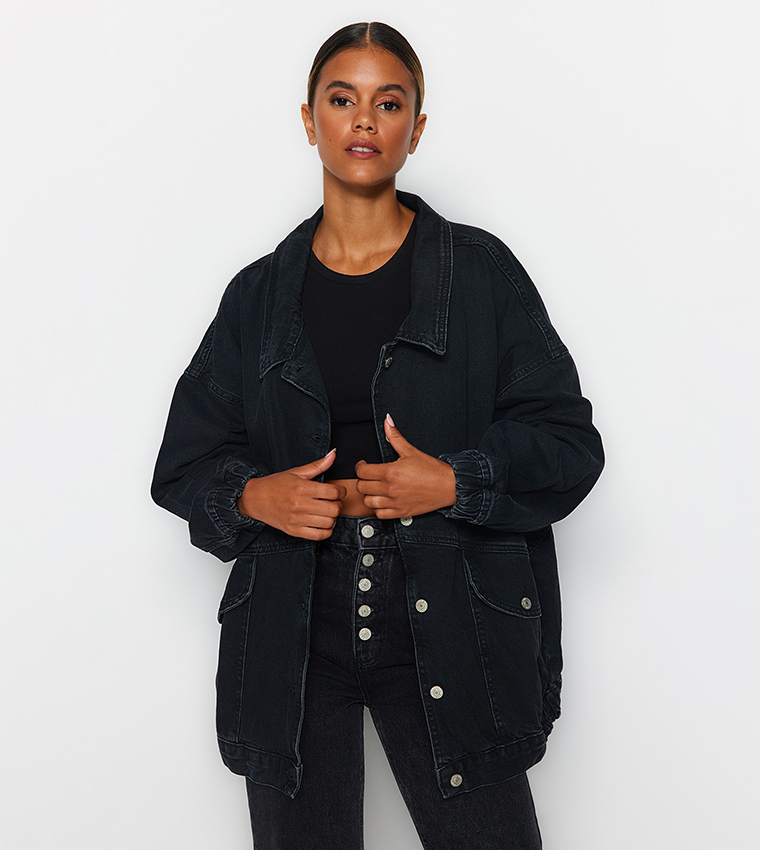 Black denim store jacket with pockets