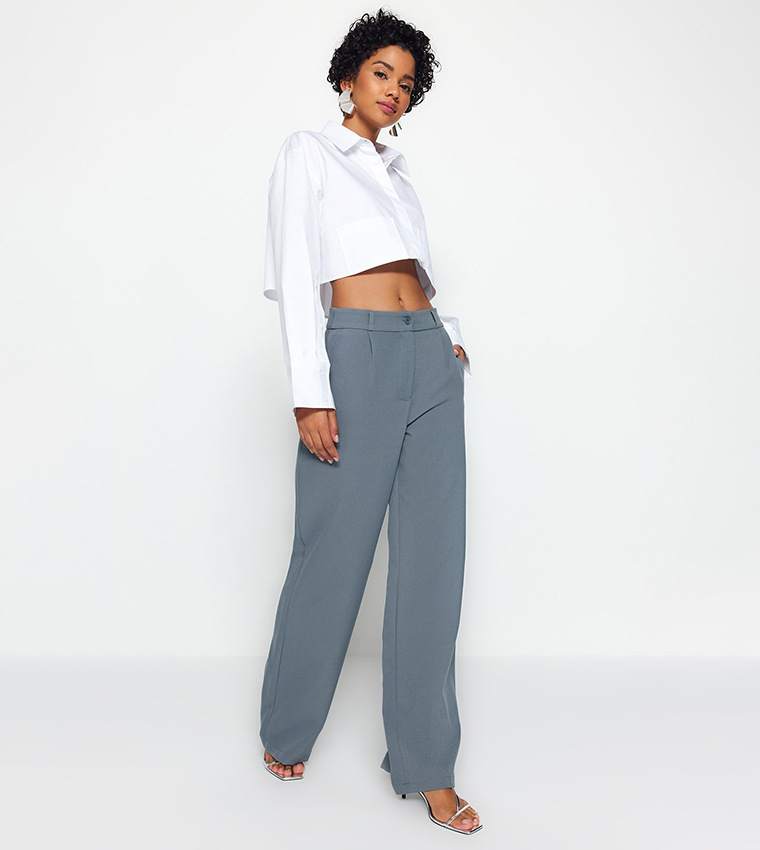 Buy Trendyol Button Closure Wide Leg Trousers In Indigo