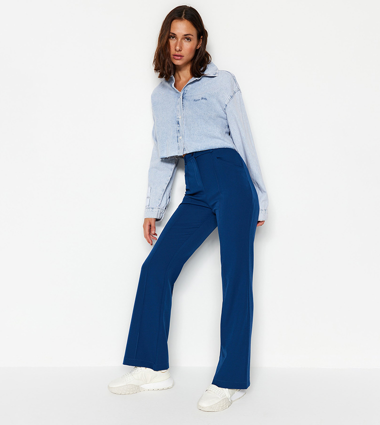 Buy Trendyol Textured Flared Trousers In Blue