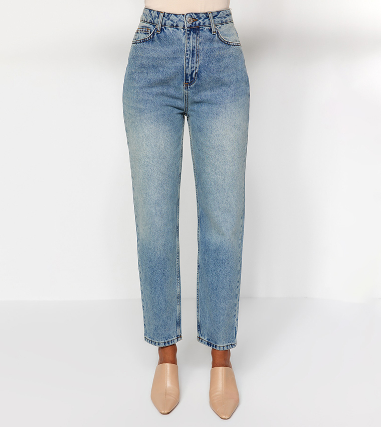 Buy Trendyol Faded High Waist Mom Fit Jeans In Blue | 6thStreet Kuwait