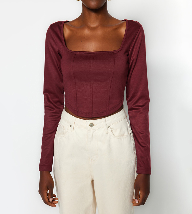 All Night Long Sleeve Corset Top - Burgundy - ShopperBoard