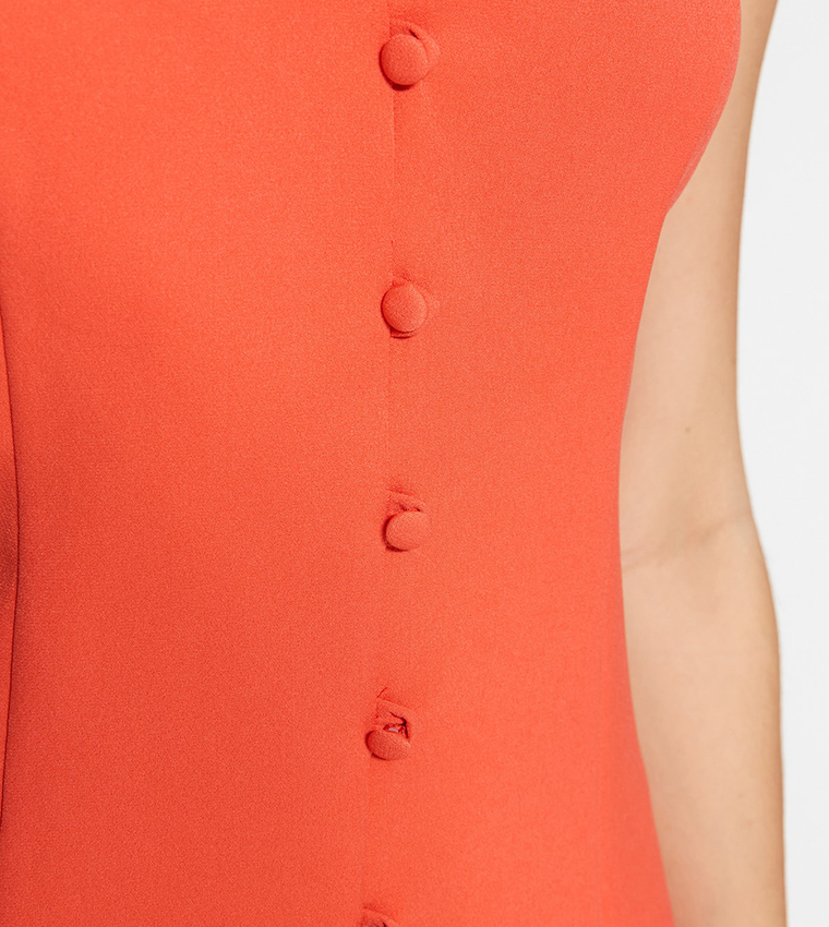 Button Detailed V-Neck Mini Dress